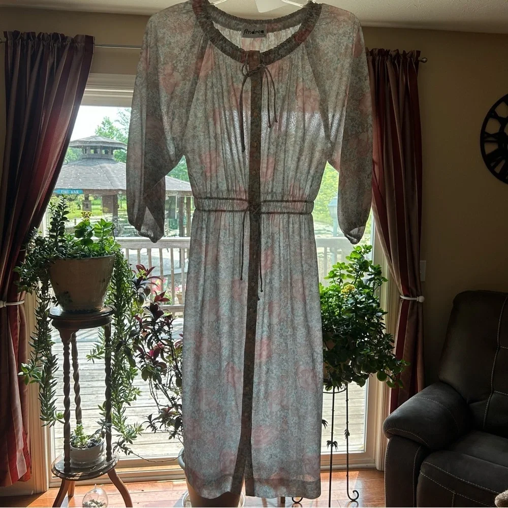 Vintage 1970's Sheer Midi Dress Pullover Button Up Duster Kaftan Floral Size M - Picture 5 of 14